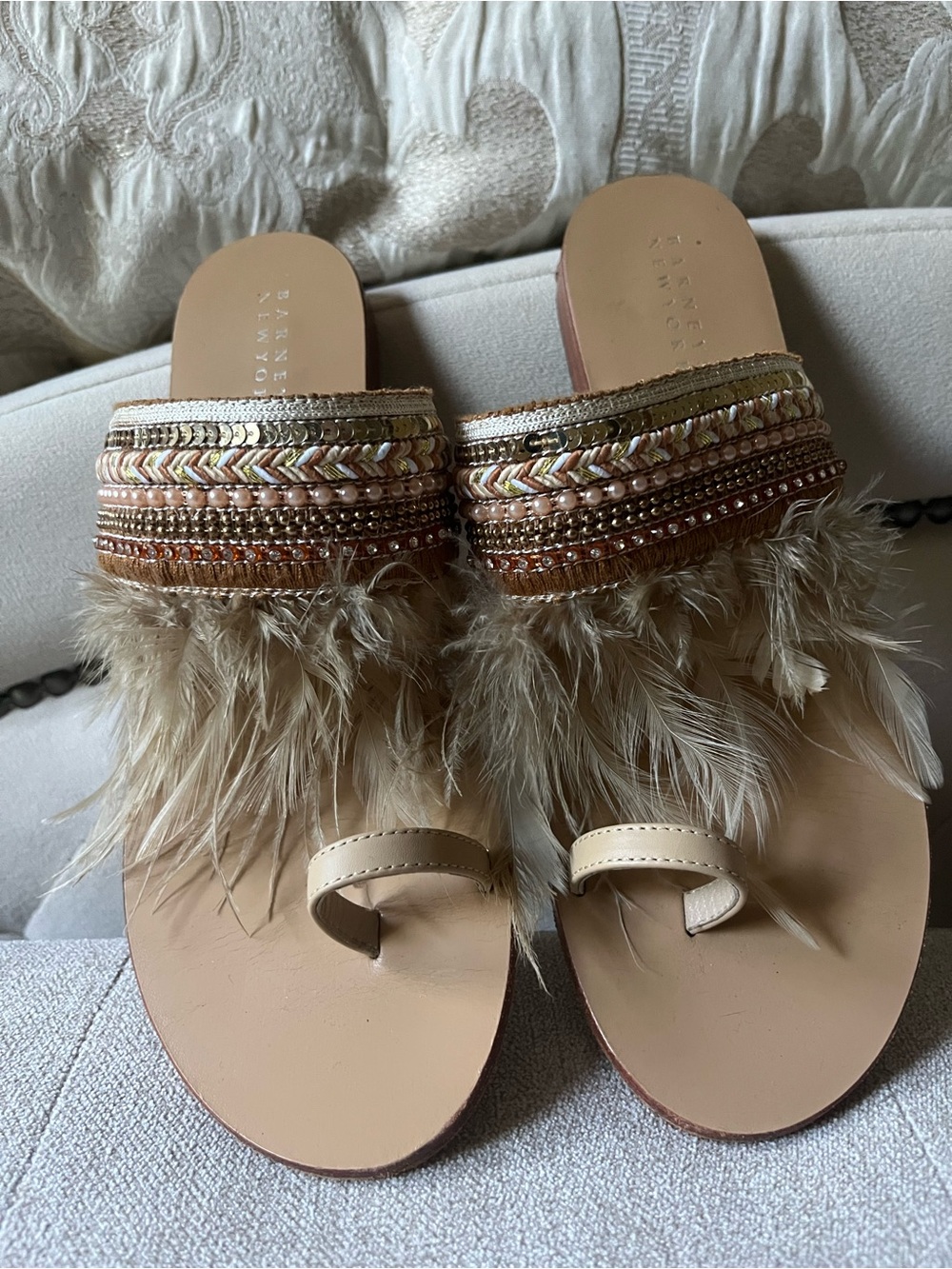 Barneys New York Nude Feather & Beaded Slide Sandals
